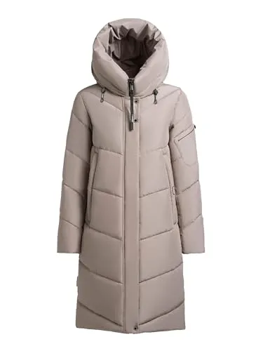 KHUJO Steppmantel "JANGE2 MATT" für Damen in Greige, Gr. M - Stylischer und warmer Steppmantel mit verstellbarer Kapuze und elastischen Bündchen. Ideal für kalte Tage, bietet er optimalen Schutz und viel Stauraum dank praktischer Taschen.