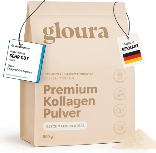 Gloura Kollagen Pulver Premium 500g - Kollagen-Präparate für Haut, Haare und Gelenke – 100% reines Hydrolysat mit exzellenter Löslichkeit, geschmacksneutral und ohne Zusätze, ideal für deine tägliche Beauty-Routine.
