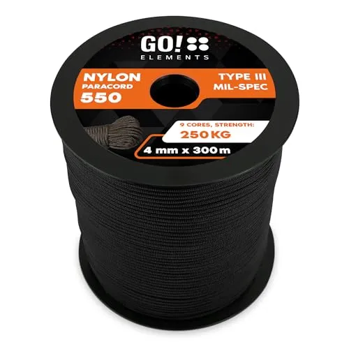GO!elements 300m Paracord Seil - Reißfeste Nylonschnur für Outdoor & DIY - Abspannseile - Robuste Paracord Schnur mit 250kg Tragkraft, wetterfest und ideal für vielfältige Anwendungen in der Natur und beim Handwerken.
