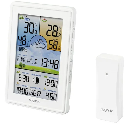 Sygonix SY-5509564 Digitale Wetterstation - Wetterstation mit 15 cm Farbdisplay, bietet Vorhersage für 12 bis 24 Stunden und unterstützt bis zu 3 Sensoren für umfassende Wetterinformationen.