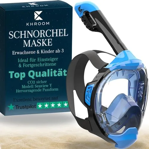Khroom Seaview Y Schnorchelmaske für Erwachsene & Kinder - Vollgesichtsmaske mit Easy-Breath System, CO2-sicher und SGS-geprüft für sicheres Schnorcheln. Ideal für die ganze Familie, mit großem Sichtfeld und Anti-Fog-Technologie.