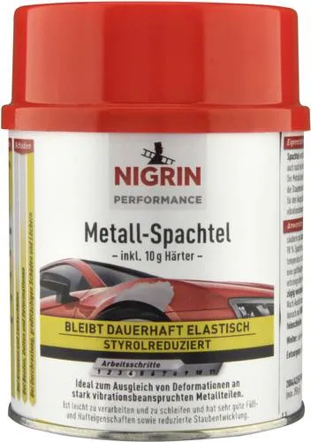 Nigrin Performance 72116 Metall-Spachtel 500g - Hochwertiger Metall-Spachtel für Karosseriereparaturen, elastisch und vibrationsfest. Ideal zum Ausgleichen von Beulen und Vertiefungen an Metallteilen, mit geringem Schleifstaub.