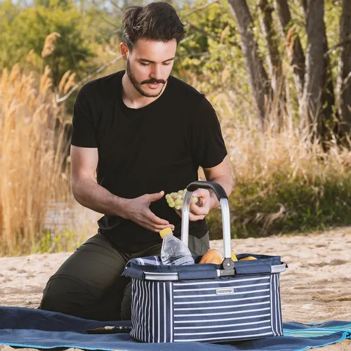 anndora® Einkaufskorb AHOI blau-weiß - Maritimer Mehrweg Einkaufskorb mit klappbarem Henkel, ideal für Picknick und Shopping, 22 Liter Kapazität und abwischbarer Stoffbezug.