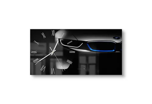 DEQORI Glasuhr 60x30 cm - BMW i8 Design - Moderne Wanduhr aus 4-mm Sicherheitsglas im 3D-Design. Ideal für jedes Wohnambiente, mit schwebendem Effekt und geräuschlosem Quarz-Uhrwerk. Setze stylische Akzente in deinem Zuhause!