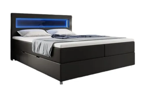 Luxusbetten24 Boxspringbett Relax 180x200 mit LED, Stauraum und USB-C | Bezug: Kunstleder | Farbe: Schwarz | Härtegrad: H4 (100kg+)