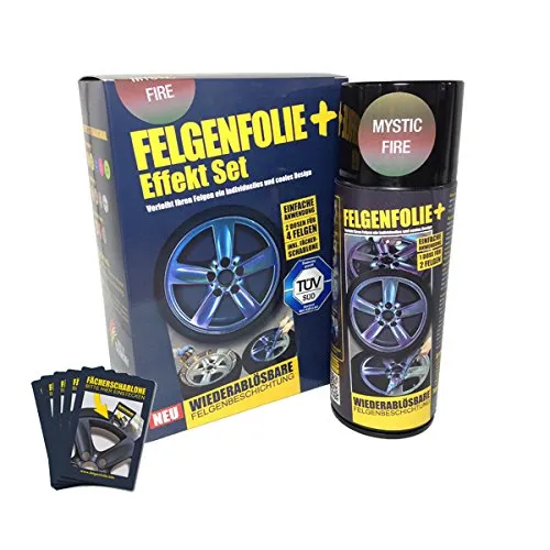 mibenco 71000006 FELGENFOLIE+ Effekt Set, Mystic Fire - Farbwechselnde Sprühfolie für Felgen - FELGENFOLIE+ Set mit 2 x 400 ml Flüssiggummi Spray für effektvolle Felgenlackierung. Langlebig und schützend gegen Steinschlag, ideal für individuelle Anpassungen.