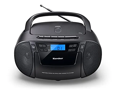 Karcher RR 5042-B tragbares CD Radio Boombox - Vielseitige Boombox mit CD-Player, Kassettendeck und UKW-Radio, ideal für unterwegs und zu Hause. Genießen Sie Ihre Lieblingsmusik mit 30 Senderspeicher und AUX-In.