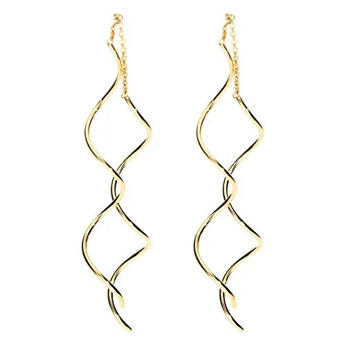 LÖB 750er (18 Karat) Gold Vergoldet Ohrringe Hängend Durchzieher Spirale Stab Lang Damen Ohrhänger zum Durchziehen Modern Schlicht Minimalistisch Einfädler
