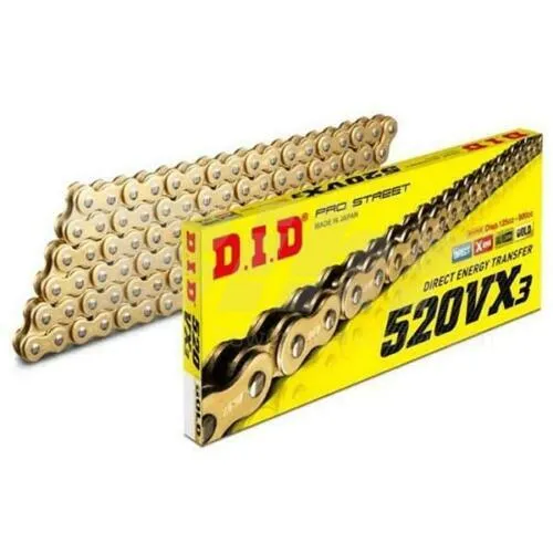DID 520VX3-KETTE (Gold & Schwarz) – 120 Glieder mit Clip-Verbindung - Sonstige, leistungsstarke X-Ring-Kette für Straßen- und Offroad-Anwendungen bis 800 ccm, bietet direkte Energieübertragung und verbesserte Haltbarkeit.