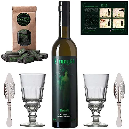 Absinth Set Strong68 von ALANDIA | Das prämierte Original mit Wermut und Thujon | 2x Gläser 2x Löffel 1x Zuckerwürfel | (1x 0,5 l)