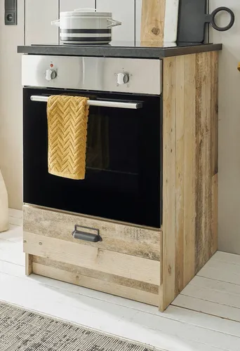 Furn.Design Herdumbauschrank 'Stove' - Moderne Küchenmöbel, kompakter Herdumbauschrank aus FSC®-zertifiziertem Holzwerkstoff mit stilvollem Used Wood Dekor und Soft-Close Schubkasten für sanftes Schließen.