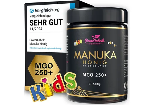 PowerFabrik Manuka Honig MGO 250+, 500g Glas aus Neuseeland - Original Manuka Honig aus Neuseeland, ideal für die tägliche Verwendung. Laborgeprüfte Qualität, ab 12 Monaten geeignet. Genießen Sie seinen einzigartigen Geschmack!