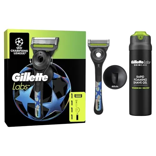 Gillette Labs Rasierer Herren Nass, UEFA Champions League Special Edition — Inkl. 1 Nassrasierer, 1 Ersatzklinge, 1 Handstück mit Wandhalterung für Einfache Lagerung und Rasiergel 198ml