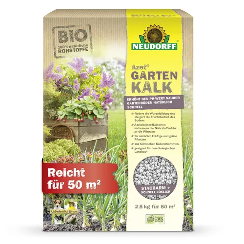 Neudorff Azet GartenKalk 2,5 kg für 50 m² - Dünger zur Verbesserung der Bodenfruchtbarkeit und Wurzelbildung, fördert kräftiges Pflanzenwachstum mit 100% natürlichen Rohstoffen.