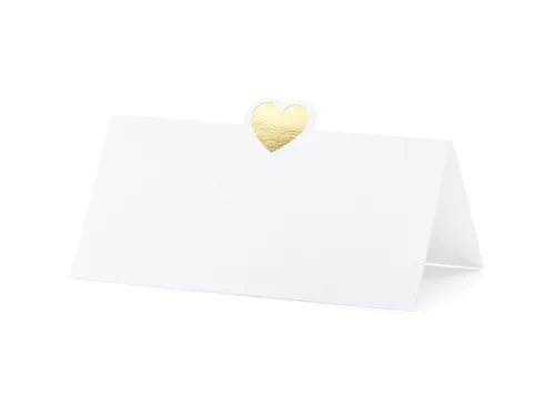 partydeco Papierdekoration, Tischkarten mit Herz 10x5cm blanko 10 Stück weiß / gold