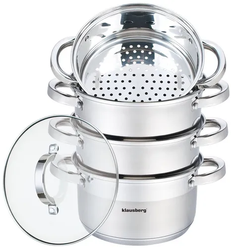 Dampfgarer KB-7146, 5-teilig aus Edelstahl - Kochtöpfe - 4 Etagen Dampfgarer mit Glasdeckel und 5-lagigem Boden, ideal für gesundes Kochen und vielseitig einsetzbar auf Induktions-, Elektro- und Gasherden.