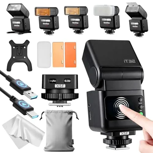 Godox iT32 TTL Kamera Blitz mit X5-F Auslöser Funktrigger für FUJIFILM, 2.4G HSS 1/8000s Blitzgerät,Kompatibel mit X100VI GFX100RF XS20 XS10 XT30 II XT5 XM5 GFX50S GFX50R X-T4 X-T3 X-E4 X-E5