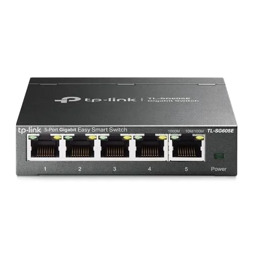 TP-Link TL-SG605E 5-Port Gigabit Netzwerk Switch - Netzwerk-Switch mit 5 RJ45-Ports, Plug-and-Play, energieeffizient und ideal für einfache Verwaltung durch QoS und VLAN für optimierte Leistung.