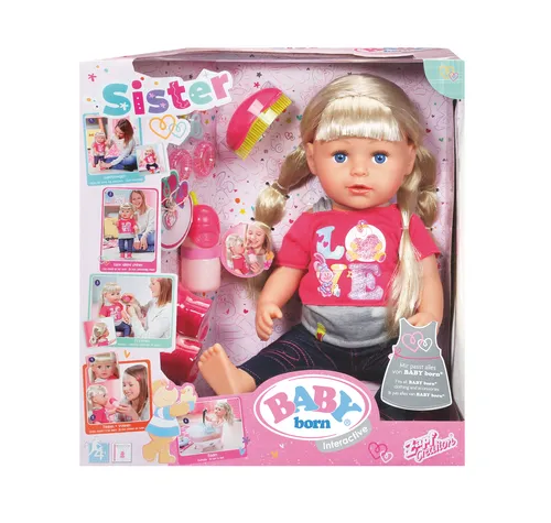 BABY born® Interactive Sister Puppe 820704 - Babypuppen mit 6 lebensechten Funktionen, fördert Fantasie und soziale Fähigkeiten. Inklusive Zubehör: Haarbürste, Clips und Trinkflasche. Ideal für kreative Spielstunden.