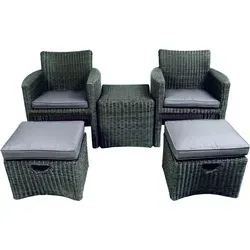 Duoset Pellegrino - Grau - Elegantes 5-teiliges Polyrattan Gartenmöbel Set mit 2 Sesseln, 2 Fußbänken und Tisch. Wetterfest und wasserabweisend – ideal für entspannte Stunden im Garten. Die moderne taupe-graue Farbe fügt sich harmonisch in jede Umgebung ein.