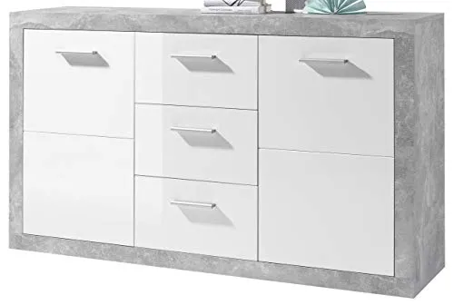 Stella Trading Sideboard in Beton Optik und Weiß Hochglanz - Kommode mit 3 Schubladen und viel Stauraum, ideal für Wohnzimmer oder Schlafzimmer - modernes Design in urbaner Betonoptik.