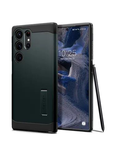 Spigen Tough Armor Hülle für Samsung Galaxy S23 Ultra 5G - Abyss Green - Standard Handyhüllen mit doppeltem Schutz durch Silikon und Polykarbonat, integriertem Kickstand und Air Cushion Technologie für optimalen Eckschutz.