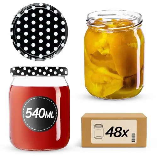 KADAX Einmachgläser 540ml, 48 Stück mit Schraubdeckel – Ideal zum Einlegen und Konservieren - Die robusten 540 ml Einmachgläser mit Twist-Off-Deckeln sind perfekt zum Einlegen und Konservieren von Lebensmitteln. Dank der breiten Öffnung sind sie pflegeleicht und spülmaschinenfest. Ideal für kreative Vorratshaltung!