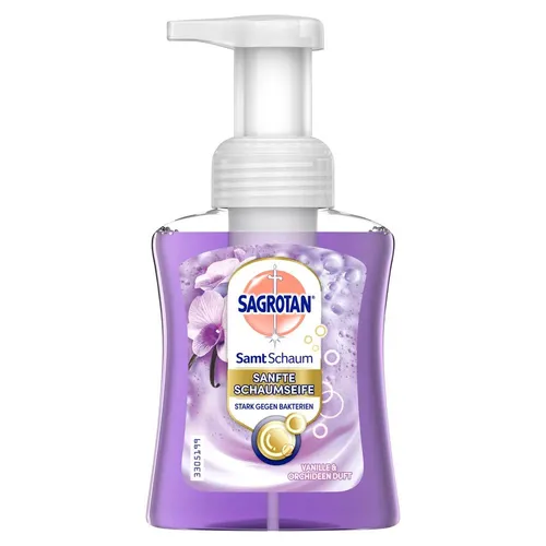 SAGROTAN Samt-Schaum Handwaschschaum, 250 ml - Cremige Vanille & Orchidee - Seife mit Dual-Effekt: Sanfte Schaumseife, stark gegen Bakterien. Enthält 45% weniger Chemie pro Anwendung und bietet Pflege sowie täglichen Schutz für Ihre Familie.