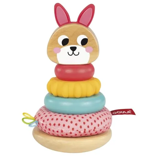 Goula Stacking Rabbit - Stapelhase – Sensorisches Stapelspielzeug mit strukturierten Holz, Silikon & Stoffringen für Motorik & Tastsinn – Babyspielzeug für Kinder ab 12 Monaten