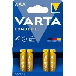VARTA Batterien AAA Longlife - 4 Stück, Hochleistungs-Alkaline mit 10 Jahren Haltbarkeit, ideal für Fernbedienungen und Spielzeug