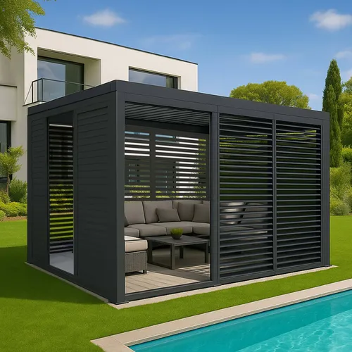 Alu Pergola HWC-L46 - Wetterfester Pavillon mit 6 Schiebetüren und 6 Lamellenpaneelen - Pavillons: Robuste Terrassenüberdachung mit drehbarem, wasserdichtem Dach und Windfestigkeit bis 100 km/h - ideal für ganzjährige Nutzung.