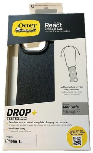 Otterbox Handyhülle React Necklace für iPhone 15 - Ultradünne und widerstandsfähige Handyhülle mit Halskettenfunktion, idealer Schutz vor Kratzern und Stößen. Mit MagSafe für kabelloses Laden und aus über 50% recyceltem Kunststoff.