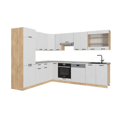 Vicco Winkelküche Fame-Line, Weiß Landhaus/Goldkraft Eiche - Küchenzeile mit eleganter Marmor-Arbeitsplatte, ideal für moderne Küchen. Praktische Abmessungen von 227 x 60 cm bieten viel Stauraum und Funktionalität.