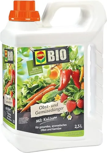 COMPO Obst- und Gemüsedünger 2,5 Liter – 100% natürlich - Natürlicher Spezial-Dünger für Obst und Gemüse. Fördert kräftiges Wachstum und aromatische Früchte. Mit praktischer Dosierhilfe für einfache Anwendung im Garten.