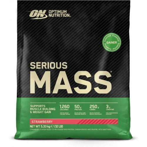Serious Mass - 5450g - Erdbeere - Serious Mass von Optimum Nutrition, der beliebte Weight Gainer, bietet eine ausgewogene Mischung aus Proteinen und Kohlenhydraten für effiziente Energieversorgung und Muskelaufbau.