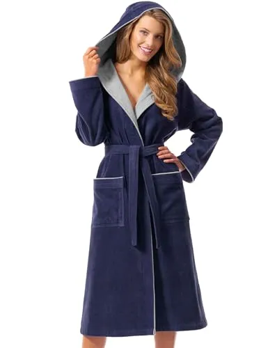 Morgenstern Bademantel Damen mit Kapuze 100% Baumwolle Frottee OEKO-TEX® Morgenmantel Leonie Blau Größe S