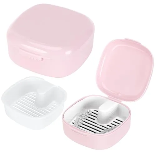 Zikenis Zahnprothesenbox mit Sieb,Zahnspangendose Gebissdose,Tragbare Prothesendose Abdeckung,Zahnprothese Box Retainer,Protesenbehälter Zahnschiene Box fur Halterung,Reinigungsbox (Rosa)