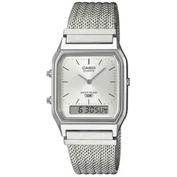 Casio Armbanduhr AQ-230EM-7AEF – Stilvoller Vintage-Look - Vielseitige Casio Armbanduhr mit analog-digitaler Anzeige, Edelstahlgehäuse und verstellbarem Mesh-Armband. Spritzwassergeschützt und ideal für den täglichen Gebrauch.