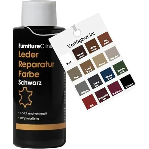 Furniture Clinic Leder-Reparaturfarbe 50 ml (Schwarz) – 2-in-1 Lösung für Lederpflege und -restaurierung - Die Furniture Clinic Lederreparaturfarbe eignet sich ideal zum Ausbessern von Kratzern und Farbverlust bei glattem Echtleder. Sie bietet eine praktische Selbstversiegelungsfunktion und ein professionelles Satin-Finish.