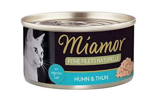 Miamor Feine Filets Naturell Huhn & Thun 24x80g - Schmackhaftes Katzenfutter mit 63% Filetfleisch, ideal für empfindliche und ältere Katzen. Praktische Ringpull-Dose für sofortige Servierbereitschaft, ohne Innereien oder Knochenteile.