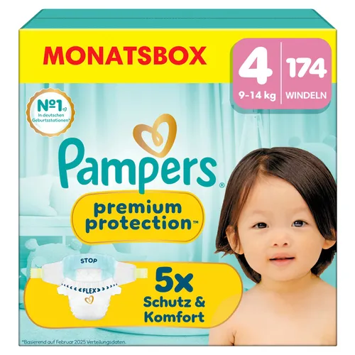 Pampers Premium Protection Gr.4 - Maxi Windeln 9-14kg, 174 Stück Monatsbox, ultimativer Schutz und Komfort für Ihr Baby