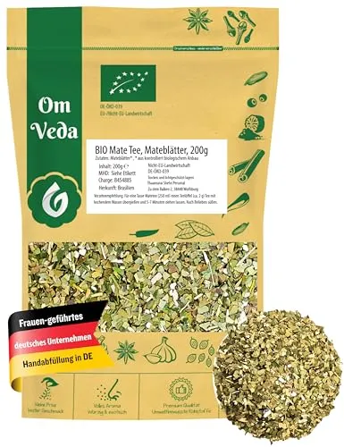 BIO Mate Tee | Mateblätter pur frisch & grün fair | Matetee aus Mateblättern | Schonend getrocknet | Aromatisch | Ideal für heiße und kalte Tees | Premium Qualität | OmVeda (200g)
