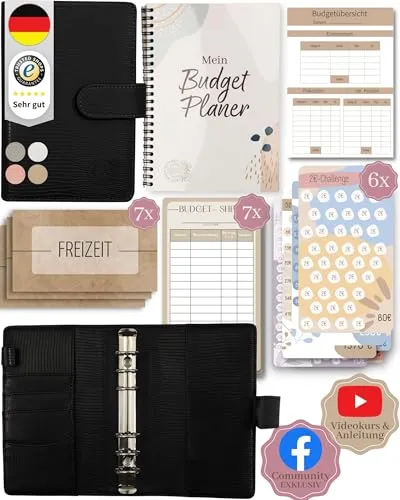 BeginnerBudget® Budget Planner Deutsch - Starterset mit Sparchallenge Budgetplaner deutsch - Sparen mit Umschlagmethode + Anleitung - Ringbuch A6 - Binder A6 Gecko-Style (Schwarz (mit Budgetplaner)