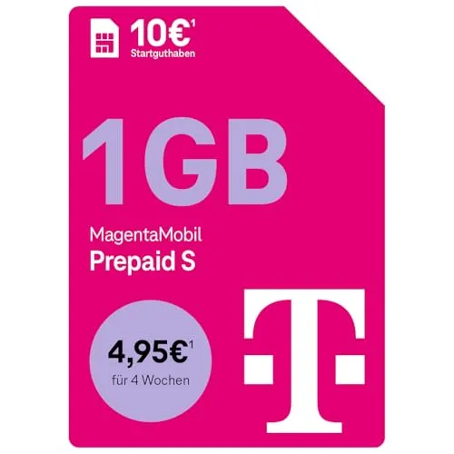Deutsche Telekom MagentaMobil Prepaid S – 1 GB Highspeed-Volumen mit 5G - Flexibel bleiben mit der Prepaid SIM-Karte: 1 GB Highspeed-Volumen, unbegrenztes Telefonieren im Telekom-Netz und 50 Freiminuten in andere deutsche Netze. Ideal für alle, die sofort starten möchten!