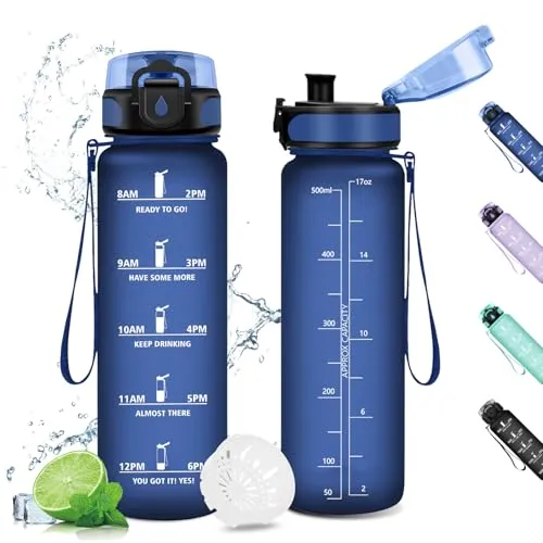 KollyKolla Trinkflasche 500ml, Wasserflasche Auslaufsicher, Trinkflasche Sport, Wasserflasche Kohlensäure Geeignet, Sportflasche mit Zeitmarkierungen, Sportflasche für Gym, Scuola, Ciclismo, Outdoor