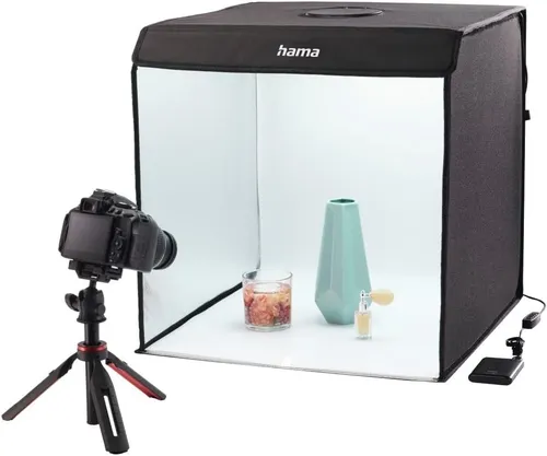 Hama Fotobox 50x50 cm - Mobiles Mini Fotostudio - Lichtzelte für professionelle Produktfotografie, faltbar und mobil, mit dimmbarer LED Ringleuchte und 6 Hintergründen für perfekte Bilder.