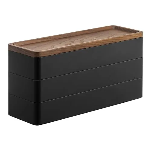 Yamazaki 5810 RIN - 3-stöckige schmale Accessoirebox, minimalistisch mit Holzdeckel und flexiblen Trennwänden für individuellen Stauraum