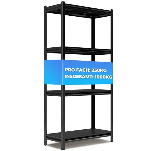 ALL Premium Metallregal Schwarz – Schwerlastregal mit 1000 kg Traglast - Robustes Metallregal 180x90x40 cm, ideal für Garage und Büro. Mit 4 höhenverstellbaren Böden und einfachem Stecksystem für schnelle Montage – perfekt für Ordnung und Stauraum.
