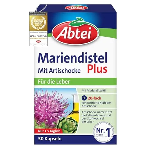 Abtei Mariendistel Plus mit Artischocke - unterstützt die Leberfunktion - fördert die Fettverdauung - Natürlich wirksam - 30 Kapseln