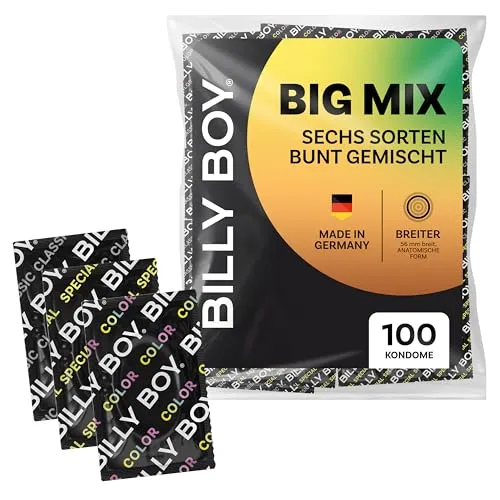 BILLY BOY Kondome Big Mix 100er - Vielfältige Sorten für jeden Geschmack - Kondome für Männer, 100er Vorteilspack mit 56 mm Breite, inklusive transparente, aromatisierte und Duft-Kondome für aufregende Abwechslung und sicheren Schutz.